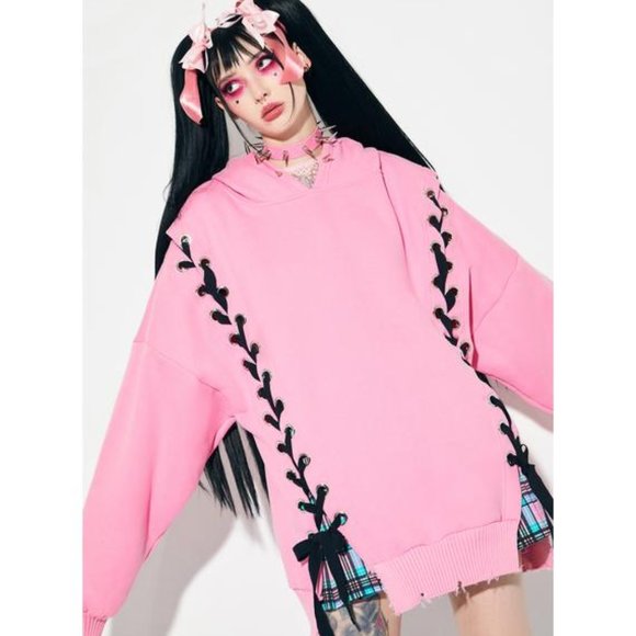 HEARTS N HELLIONS LACE UP HOODIE - Picture 1 of 3